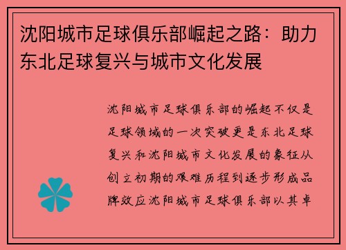 沈阳城市足球俱乐部崛起之路：助力东北足球复兴与城市文化发展