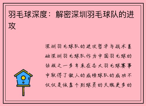 羽毛球深度：解密深圳羽毛球队的进攻