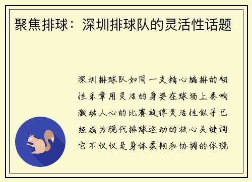 聚焦排球：深圳排球队的灵活性话题