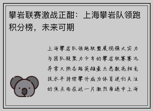 攀岩联赛激战正酣：上海攀岩队领跑积分榜，未来可期